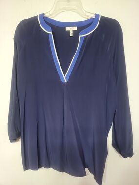 Joie 100% Silk  Navy Split-Neck Tunic with Blue and White Trim